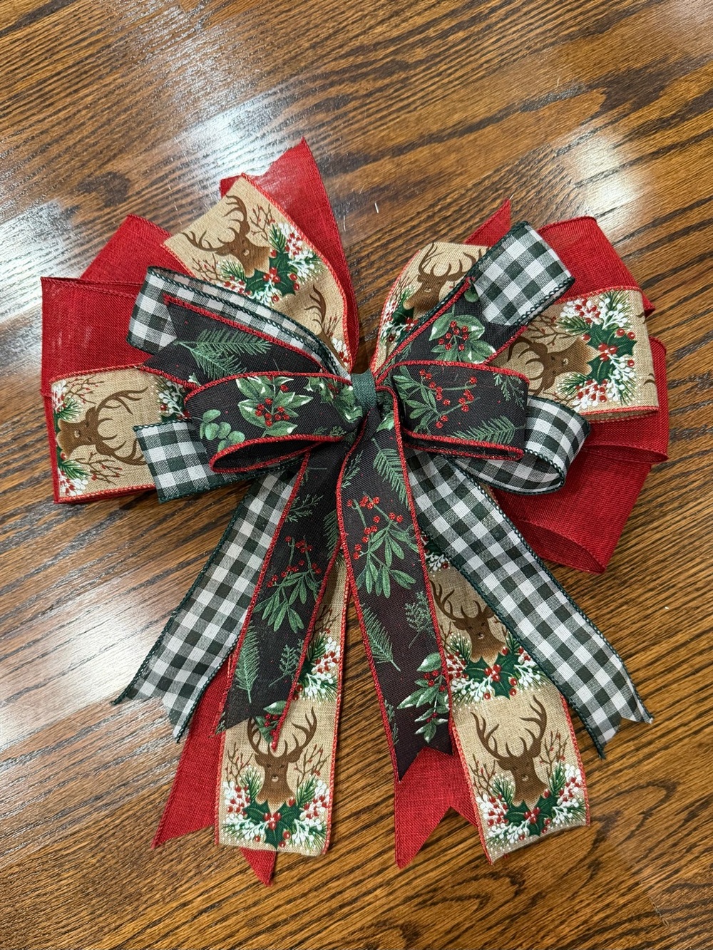 Red, Black & Brown Reindeer Holiday Bow - Rustic Plaid Decorative Accent